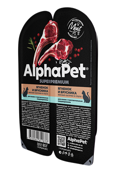 AlphaPet Superpremium 80гр ламистер влажный корм для взрослых кошек с чувствительным пищеварением с ягненком и брусникой в соусе - фото 45224