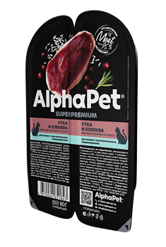 AlphaPet Superpremium 80гр ламистер влажный корм для взрослых кошек с чувствительным пищеварением с уткой и клюквой в соусе - фото 45226