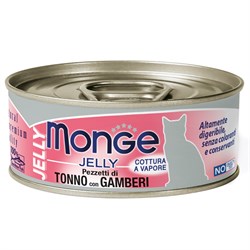 Влажный корм Monge jelly Adult cat для взрослых кошек с желтоперым тунцом и креветками, консервы 80 г - фото 48983