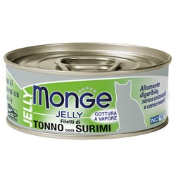 Влажный корм Monge jelly Adult cat для взрослых кошек с желтоперым тунцом и сурими, консервы 80 г - фото 48988