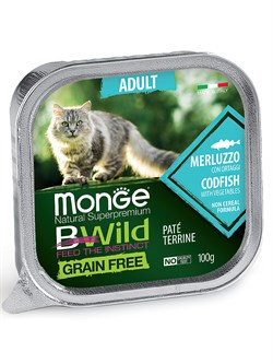 Влажный корм Monge Cat BWild GRAIN FREE для кошек, беззерновой, из трески с овощами, консервы 100 г - фото 49334