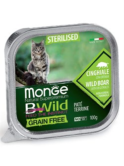 Влажный корм Monge Cat BWild GRAIN FREE для стерилизованных кошек, беззерновой, из кабана с овощами, консервы 100 г - фото 49346