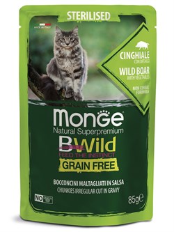 Влажный корм Monge Cat BWild GRAIN FREE для стерилизованных кошек, беззерновой, из мяса дикого кабана с овощами, паучи 85 г - фото 49367