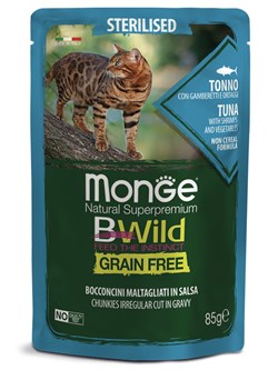 Влажный корм Monge Cat BWild GRAIN FREE для стерилизованных кошек, беззерновой, из тунца с креветками и овощами, паучи 85 г - фото 49376