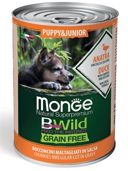 Влажный корм Monge Dog BWild GRAIN FREE Puppy&Junior для щенков и беременных собак, беззерновой, из утки с тыквой и кабачками, консервы 400 г - фото 49407