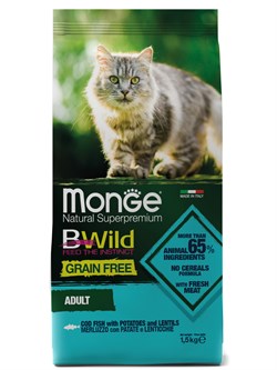 Сухой корм Monge Cat BWild GRAIN FREE для взрослых кошек, беззерновой, из трески 1,5 кг - фото 49446