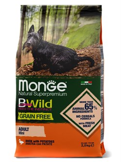 Сухой корм Monge Dog BWild GRAIN FREE Mini корм для взрослых собак мелких пород, беззерновой, из утки с картофелем 2,5 кг - фото 49524