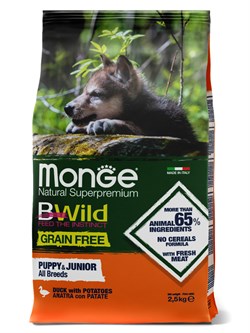 Сухой корм Monge Dog BWild GRAIN FREE Puppy & Junior для щенков, беззерновой, из мяса утки с картофелем 2,5 кг - фото 49543