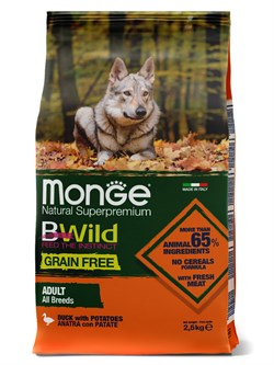 Сухой корм Monge Dog BWild GRAIN FREE, для взрослых собак, беззерновой, утка с картофелем 2,5 кг - фото 49581