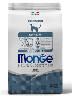 Сухой корм Monge Cat Speciality Line Monoprotein Sterilised, для стерилизованных кошек, из форели 400 г - фото 50121