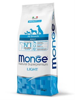 Cухой корм Monge Dog Speciality Line Light корм для взрослых собак всех пород, низкокалорийный, лосось с рисом 12 кг - фото 50222