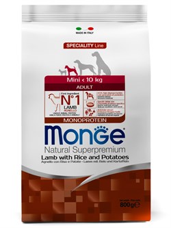 Сухой корм Monge Dog Speciality Line Monoprotein Mini, для взрослых собак мелких пород, из ягненка с рисом и картофелем 800 г - фото 50924