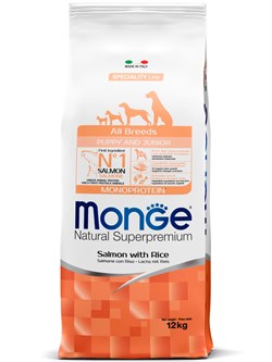 Сухой корм Monge Dog Speciality Line Monoprotein Puppy&Junior корм для щенков всех пород, из лосося с рисом 12 кг - фото 50970