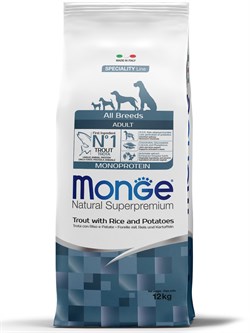 Сухой корм Monge Dog Speciality Line Monoprotein для взрослых собак всех пород, из форели с рисом и картофелем 12 кг - фото 51046