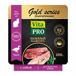 VITA PRO GOLD series Superpremium 100 г ламистер полнорационый консервированный корм нежный паштет для взрослых кошек с уткой 1х14 - фото 57731