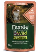 Влажный корм Monge Cat BWild GRAIN FREE для стерилизованных кошек, беззерновой, из лосося с креветками и овощами, паучи 85 г