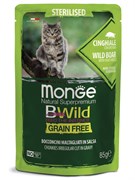 Влажный корм Monge Cat BWild GRAIN FREE для стерилизованных кошек, беззерновой, из мяса дикого кабана с овощами, паучи 85 г