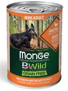 Влажный корм Monge Dog BWild GRAIN FREE Mini для взрослых собак мелких пород, беззерновой, из утки с тыквой и кабачками, консервы 400 г