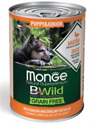 Влажный корм Monge Dog BWild GRAIN FREE Puppy&Junior для щенков и беременных собак, беззерновой, из утки с тыквой и кабачками, консервы 400 г