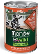 Влажный корм Monge Dog BWild GRAIN FREE для взрослых собак, из индейки с тыквой и кабачками, консервы 400 г